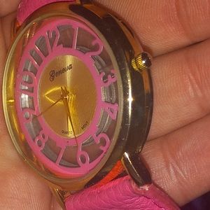 Vintage 2015 Geneva Pink & Hollow Numbers Watch w/ Clear Dial & Leather Band